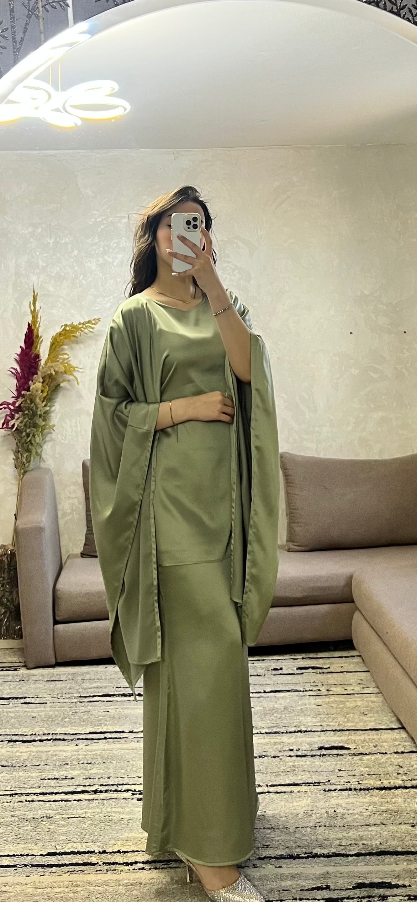 Ensemble vert satiné top butterfly+jupe