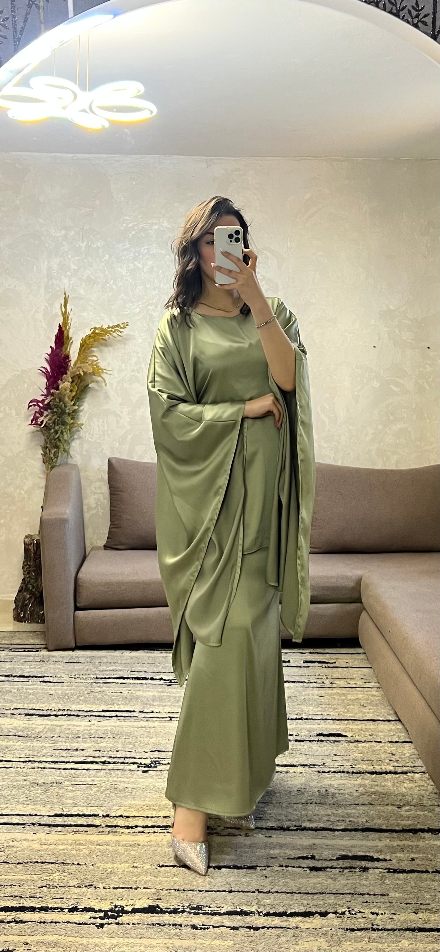 Ensemble vert satiné top butterfly+jupe